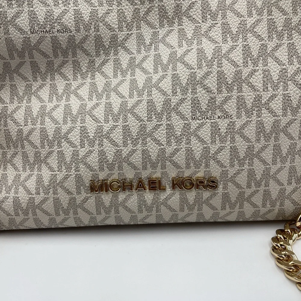 Michael Kors Jet Set Travel Beige Signature MK Logo Chain Shoulder‎ Tote Bag - Picture 3 of 16